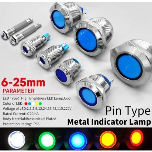 1pc 6 8 10 12 16mm Waterproof IP67 Metal LED Warning Indicator Light Signal Lamp Pilot Wire 3V 5V 12V 24V 110V 220V