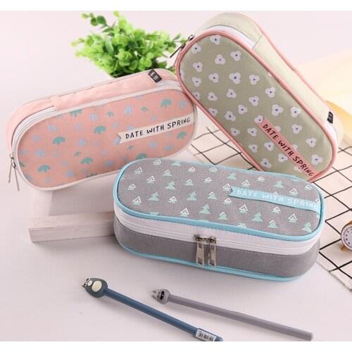Fashion simple canvas pencil case large capacity pencil box small fresh spring breath pencil case for primary and middle school