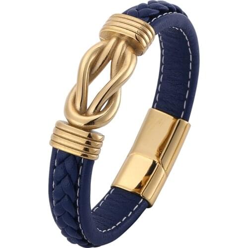 Irregular Winding Graphic Accessories Gold Stainless Steel Mens Leather Bracelet Blue Magnetic Clasp Bracelets Man Gifts PD0766
