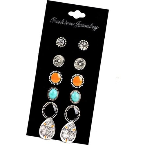 Fashion Jewelry 6 Pairs /set Crystal Resin Flower Round Shape Stud Earrings Set Enamel Carved Retro Vintage Earrings As Gifts