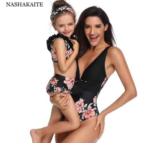 NASHAKAITE Mother and daughter swimsuit Summer Deep V-neck Waist Bowed Bathing suit Mother Daughter Matching Swimsuit