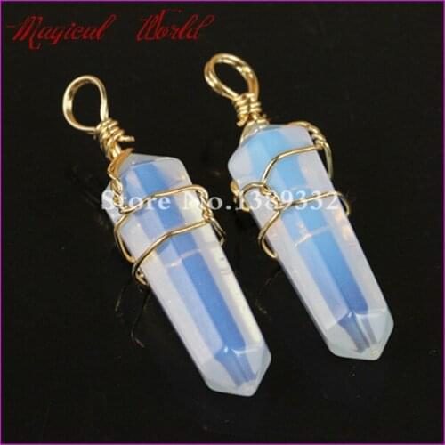 Natural Gems Stone Point Pendant Wire Wrapped Stone Pendant Hexagonal Opal Pendant Beads Druzy Quartz Pendant