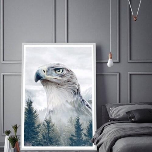 Caucasian Eagle Portrait Animal Double Exposure Posters and Prints Nordic Animal Forest Landscape Photo Art Modern Painting