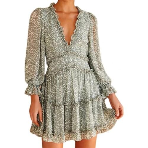 Sexy Women Backless Dress Floral Print Deep V-neck Ruffle Long Sleeve Mini Dress Sundress Fashion Party Dress Ladies Vestidos