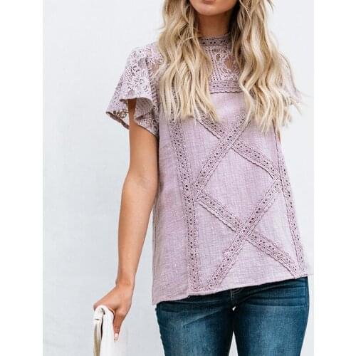 Summer Top Women Solid Color Tops Ladies Fashion O-Neck Sexy Splicing Lace Short Sleeve Casual Fashion Lady Pullover T-shirts
