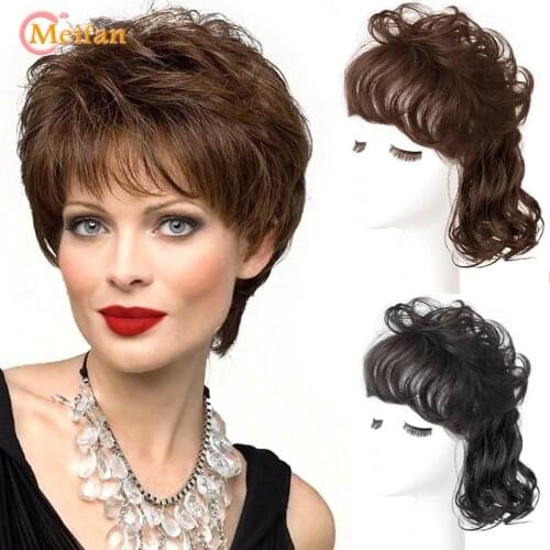 MEIFAN Topper Closure Wavy Curly Hairpieces Clip In Hair Extension Natural Black Brown Hair with Bangs Cover Gray top Hairpieces