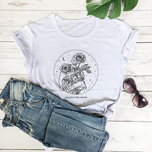 You Want To Like Yourself Skull Rose Print 100%Cotton Women Tshirt Unisex Funny Summer Casual Short Sleeve Top Vintage Top