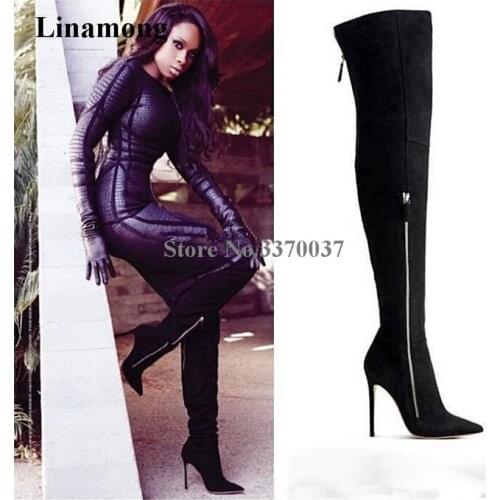 Women Sexy Pointed Toe Suede Leather Over Knee Thin Heel Boots Black Beige Zipper-up Slim Long High Heel Boots Club Shoes