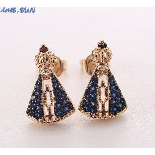 MHS.SUN New Arrival Madonna Design Stud Earrings With AAA Cubic Zirconia Blue Crystal Earrings Gift For Religion Jewelry