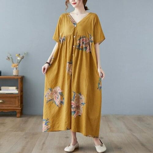 Oversized Women Loose Casual Long Dress New 2021 Summer Vintage Style V-neck Print Female Cotton Linen Holiday Dresses B678