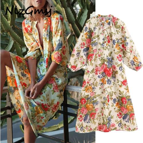Nlzgmsj Za Women 2020 Chic Fashion Floral Print Button-up Midi Dress Vintage O Neck Pleated Cuffs Female Dresses Vestidos Mujer