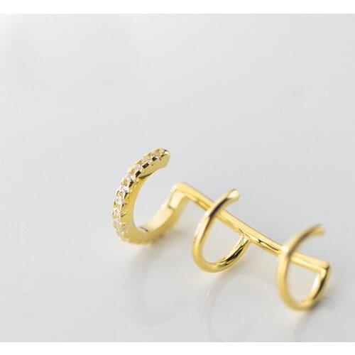 1pc Real 925 Sterling Silver Three Layered Ear Cuff Earrings Gold-tone Non-Pierced Cartilage Earrings Ear Clips for Women