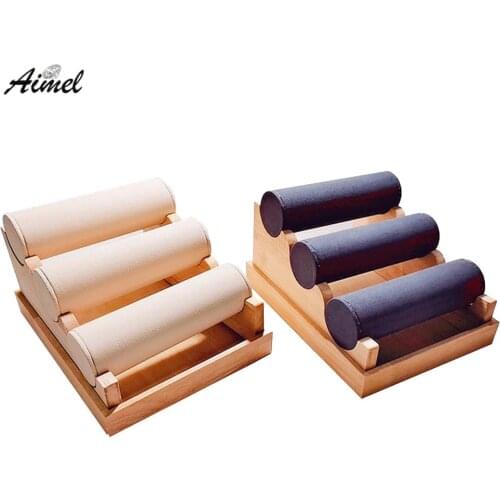 3 Tier Bracelet Jewelry Display Natural Wood Base Watch Bangle Chain Storage Organizer Stand Wristwatch Pendant Ring Showcase