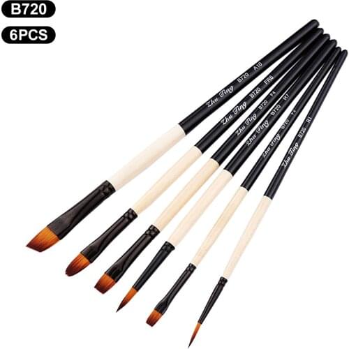 6pcs/set Multipurpose Artist Paint Brushes Set Wooden Handle Nylon Hair Paintbrush Art Supplies for Oil Acrylic Painting