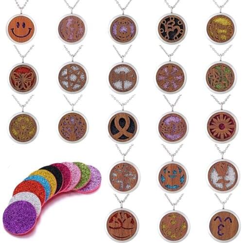 Wooden Round Style Pendant Necklaces Aroma Diffuser Locket Geometric Charm Necklace Bijoux