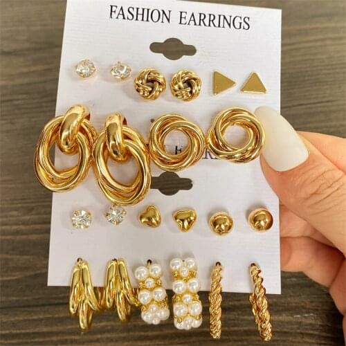EN Trendy Metal Pearl Drop Earrings Set For Women Vintage Gold Color Round Square Earrings Set of Earrings Gifts Jewelry