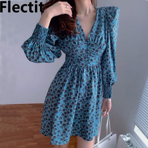 Flectit Floral Print Dress With Padded Shoulder Puff Sleeve V-neck Button Front 2021 Spring Summer Womens Feminin Dress