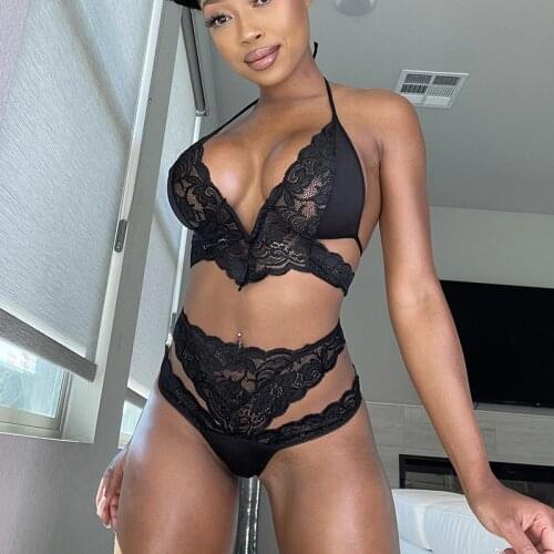 Hirigin Y2K Women Sexy Lingerie Set Lace Crochet Sheer V-Neck Bra + High Waist Hollow-Out Panty Suit for Girlfriend Wife 2021