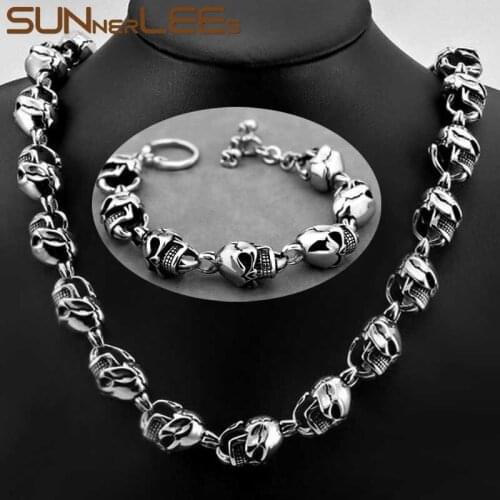 SUNNERLEES Jewelry 316L Stainless Steel Necklace Bracelet Set 15mm Huge Punk Skull Link Chain Silver Color Men Gift SC1001 S