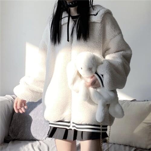 Korean Winter New Harajuku Style Coat Solid Color Sweet Sailor Collar Jacket Lambwool Warmth Thicken Loose Cardigan Coat