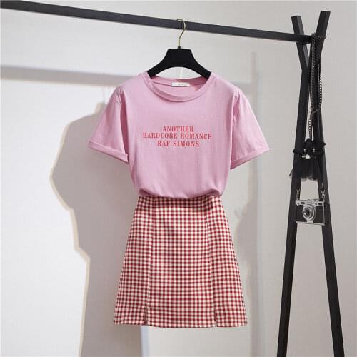 Plaid Skirt Suit Women 2020 New Summer Loose Short-sleeved Top + High Waist Plaid Skirt Two-piece Suit