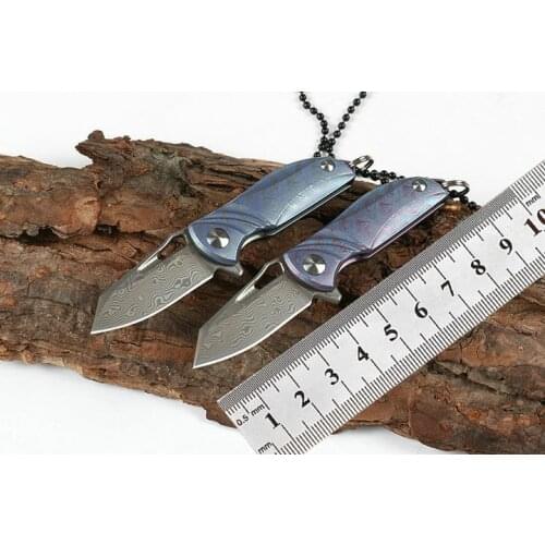 Titanium Alloy Handle Bearing Mini Pocket Folding Knife Damascus Steel Tactical Key Ring Knife Camping Survival Outdoor EDC