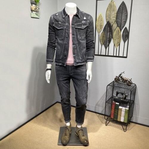 Vintage Cargo Coats Hole Ripped Mens Denim Jacket Streetwear Slim Fit Casual Outerwear Spring Long Sleeve Jean Bikers Jackets