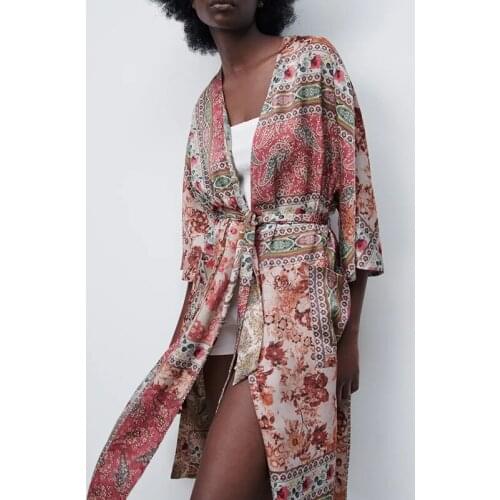Summer ladies floral print kimono retro celebrity style shirt mid-length kimono outer wear blouse