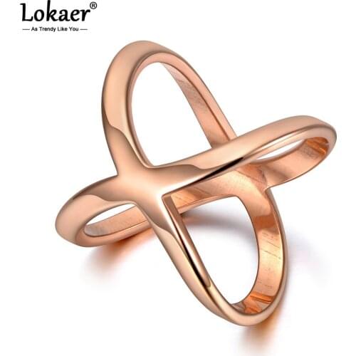 Lokaer Fashion Titanium Stainless Steel X Shape Ring Jewelry Bohemia Rose Gold CZ Crystal Holiday Rings For Women Girls R19145