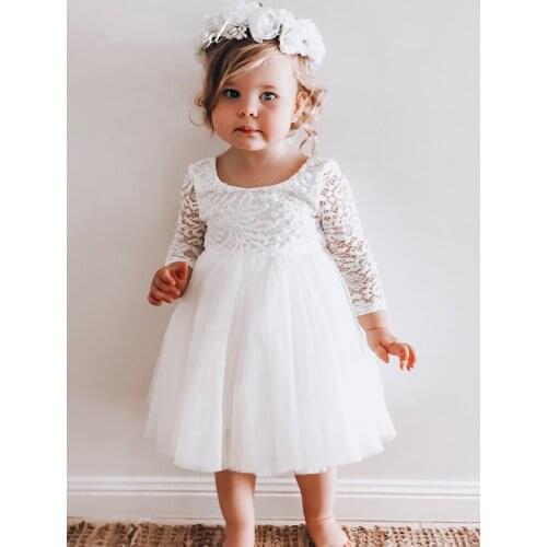 Cute Lace Baby Girl Dresses O-Neck Long Sleeves First Birthday Dresses Illusion Back Short Baby Girl Party Dress