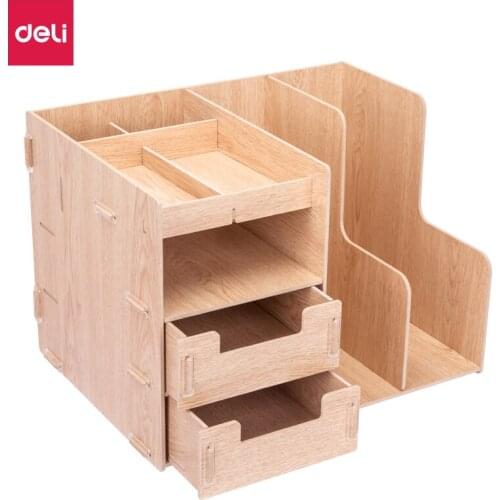 Deli Two Grid Multifunctional Combination Desktop File Box Wooden DIY Creative Assembly Stationery Holder Wood Log Color Oficina