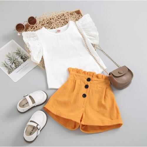 2021 Kids Summer Outfit, Girls O-Neck Ruffled-Sleeve T-Shirt + High-Waist Frilly Button Shorts Suit, 2-7 Years