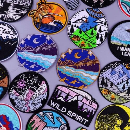 Mountain Camping Embroidery Patch For Clothing Wave Stripes Patch Wilderness Embroidered Patches Iron On Patches On Clothes Diy