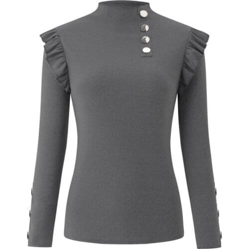 Autumn Winter Womens Shirts Solid Long Sleeve Knitwear Rib Ruffle Buttons Blouse Basic shirt Casual Tops Plus Size 4 Colors