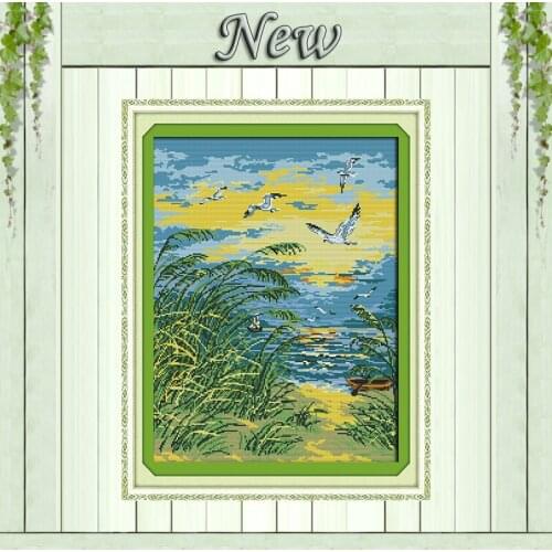 The seaside alpenglow scenery painting counted print on canvas DMC 11CT 14CT kits Chinese Cross Stitch embroidery needlework Set