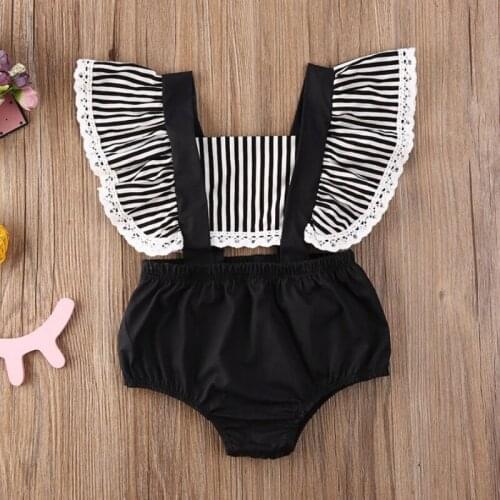 0-24M Newborn Baby Girls Striped Ruffles Lace Patchwork Bodysuit Short Sleeve Black Jumpsuit Infant Outfits