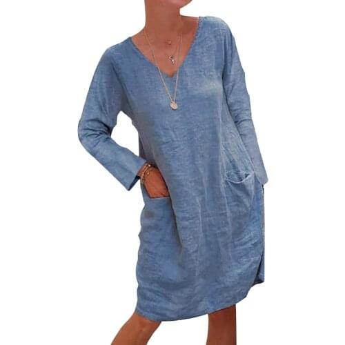 Plus size dress apparel Women Summer Casual Long Sleeve V Neck Pockets Loose Cotton Linen Knee-length Dress 2020