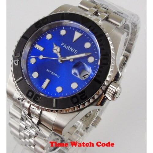 Luxury PARNIS 40mm Automatic Mens Wristwatch Blue Dial Sapphire glass Date window ceramic bezel Auto Date Jubilee magnifier