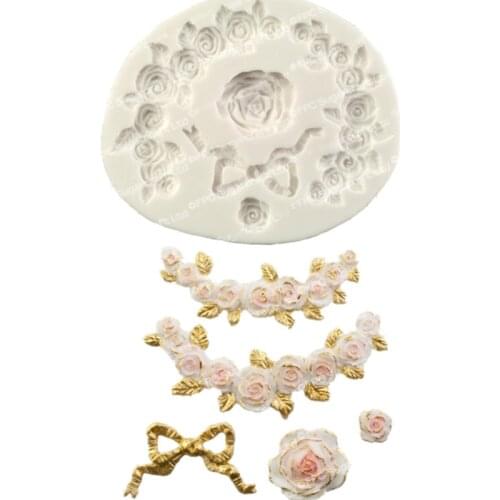 Rose Flower Fondant Cake Silicone Mold Bow Flower Border Cake Mold DIY Cupcake Cozinha Wedding Cake Decorating Tools FM1282