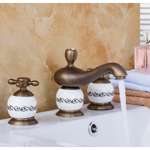 Contemporary Ceramic and Antique Brass Basin Faucet Dual Handle Deck Mounted Single Hole Hot Cold Water Mixer Fine Basin Faucet