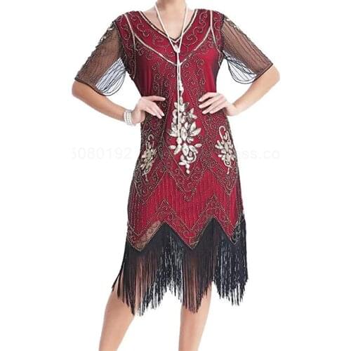 Plus Size 1920s Vintage Sequin Beaded Art Deco Long Fringed Dress 20s Flapper Gatsby Costume Dress with Sleeve