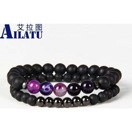 Ailatu Jewelry Wholesale Natural Black Matte Onyx with Purple, Blue and Pink Semi-Precious Stone Banded Energy Bracelets