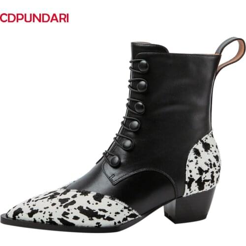 Ladies Genuine Leather Med Heels Ankle Boots Women Autumn Winter Patchwork Modern Short Boots Shoes Bottines Femme Black