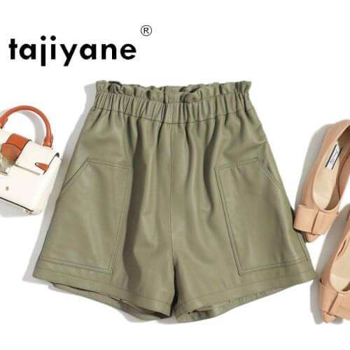 Tajiyane Genuine Sheepskin Leather Shorts Women High Waist Black Shorts Female Wide Leg Pants 2021 Spodenki Damskie Pph4734