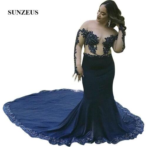 Off Shoulder Long Sleeves Prom Gowns Mermaid Navy Blue Long Train Party Dress Mermaid Appliques Bodice Women gala dress