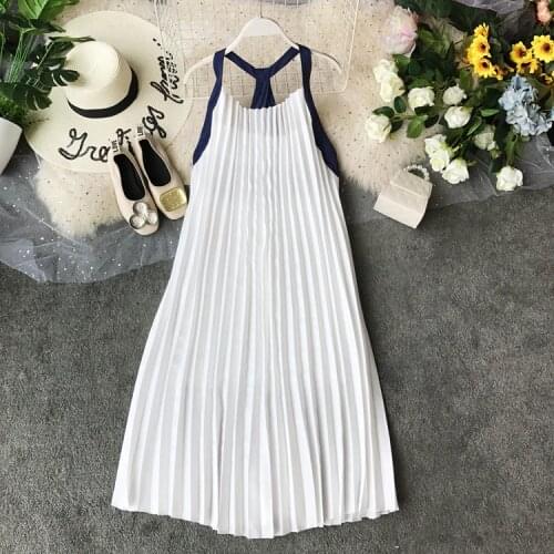 Women backless Chiffon pleated Dress Summer Women sleeveless beach Dresses Vestidos