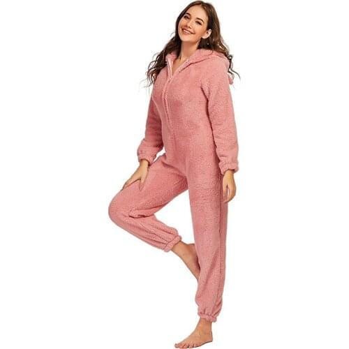 Winter Pajamas Women 2020 Latest Style Ladies Cute Bear Hooded Pajamas Plush Thick Plush Jumpsuit Oversized S-5XL Home Suit