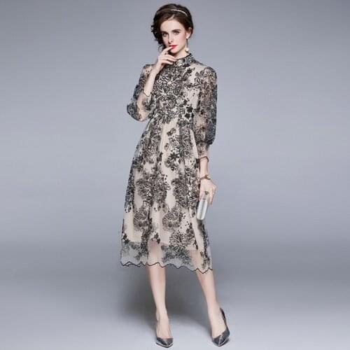 2021 Summer Women Elegant See Through Mesh Flower Embroidery Stitching Lace Trims High Waist Sweet Bow Party Long Dresses