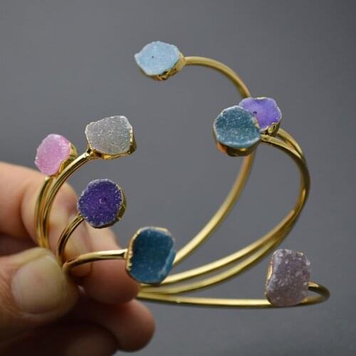5pcs Mixed Color Natural Druzy Crystal Gold Color Open Bangles Blue Pink Green Stone Bracelets For Women Fashion Gift Jewelry