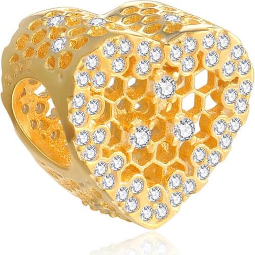 Authentic S925 Openwork Golden Shine Honeycomb Lace With Crystal Charm Fit Lady Bracelet Bangle DIY Jewelry